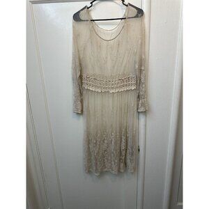 Lace Midi Dress Sheer Crocheted Waist Fairy Core Long Slv CATO Beige Embroidered